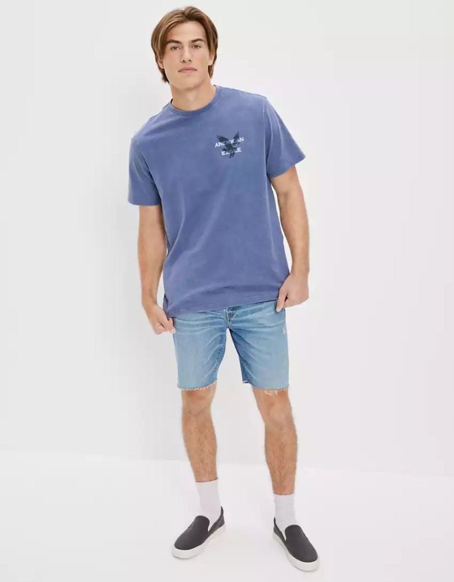 T Shirt Graphique American Eagle AE Super Soft Logo Bleu Foncé Homme | OFY-13476336